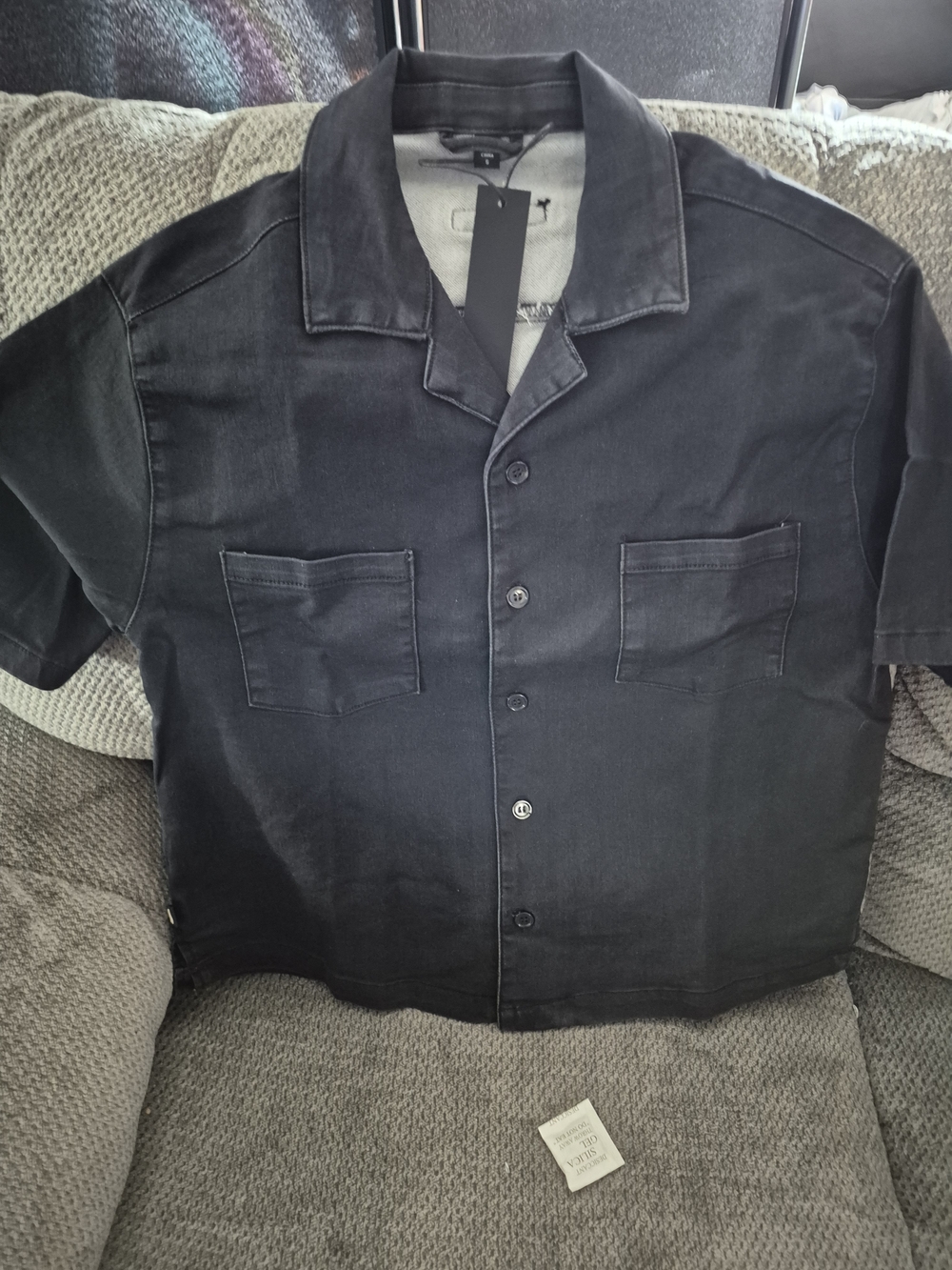 ANANKE Men's Black Denim Short Sleeve Button-Up Shirt Pockets Size S